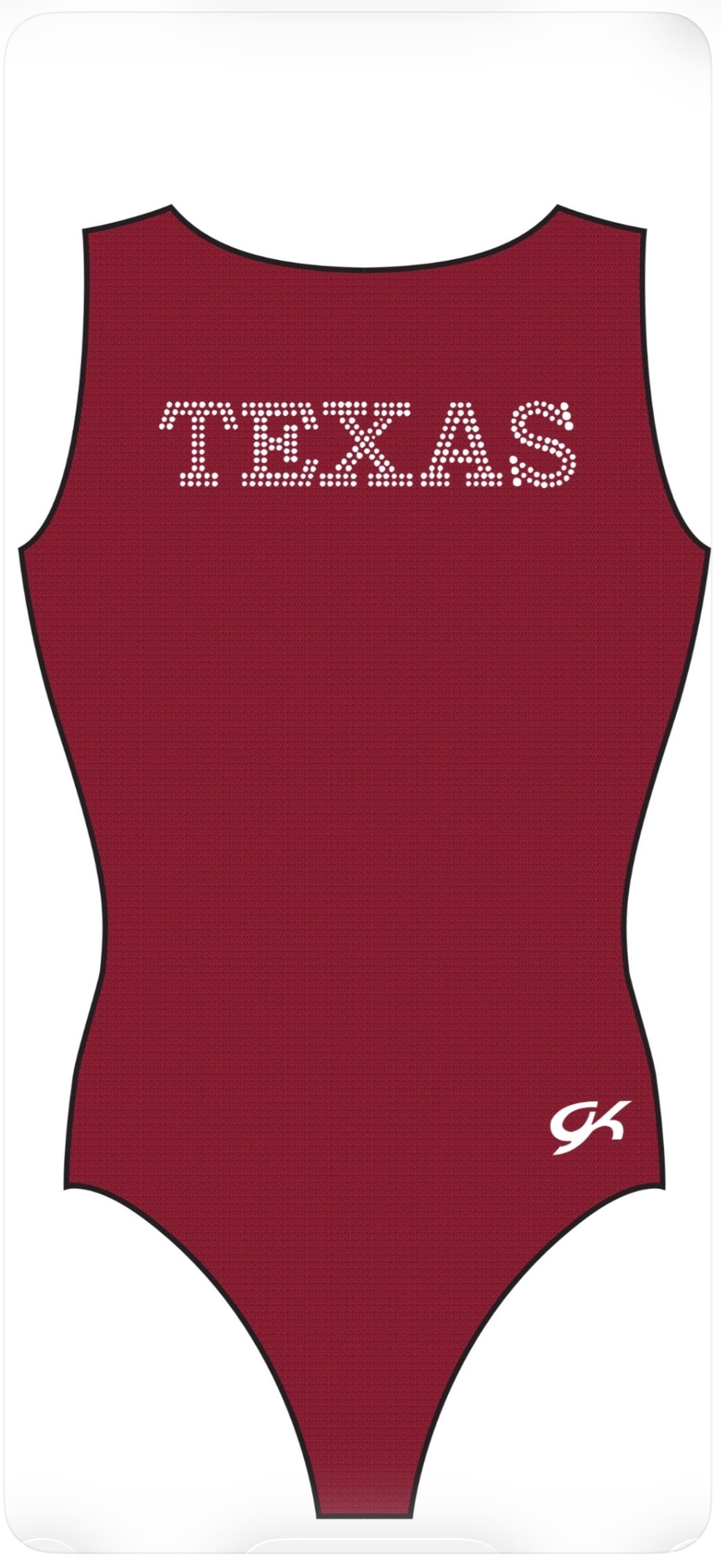 2026 Texas Compulsory Leotard — maroon GK leotard with TEXAS rhinestone lettering